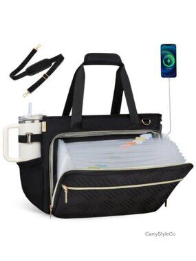 15.6 Inch Laptop Tote Bag Teacher Work Bag USB Port Accordion File